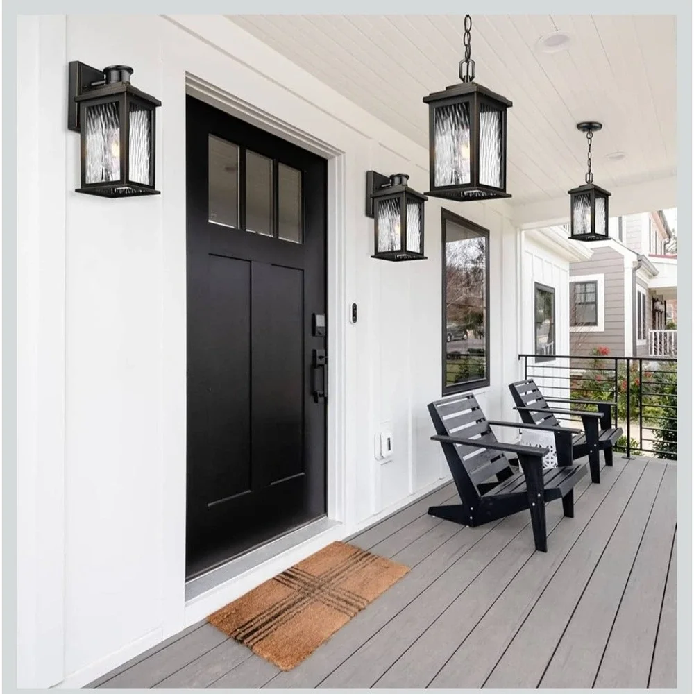 Vianis Outdoor Hanging Lantern Black Gold Trim Water Ripple‎ Glass Pendant Light
